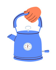 Electric kettle. Modern electric tea kettle or teakettle with hot boiling water. Vector illustration isolated on a white background. For banner, poster, infographic, social media, invitation