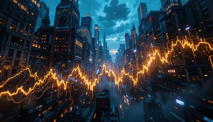 Futuristic Cityscape with Glowing Stock Market Graph Overlay at
