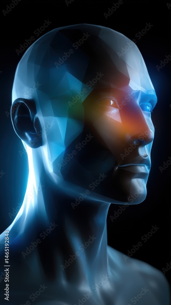 Poster abstract digital human head with polygonal design in profile view on dark background