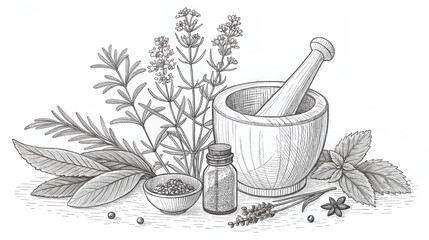 Botanical Illustration with Herbs and Mortar and Pestle, Natural Remedies, Herbal Medicine, Vintage Sketch, Organic Wellness.