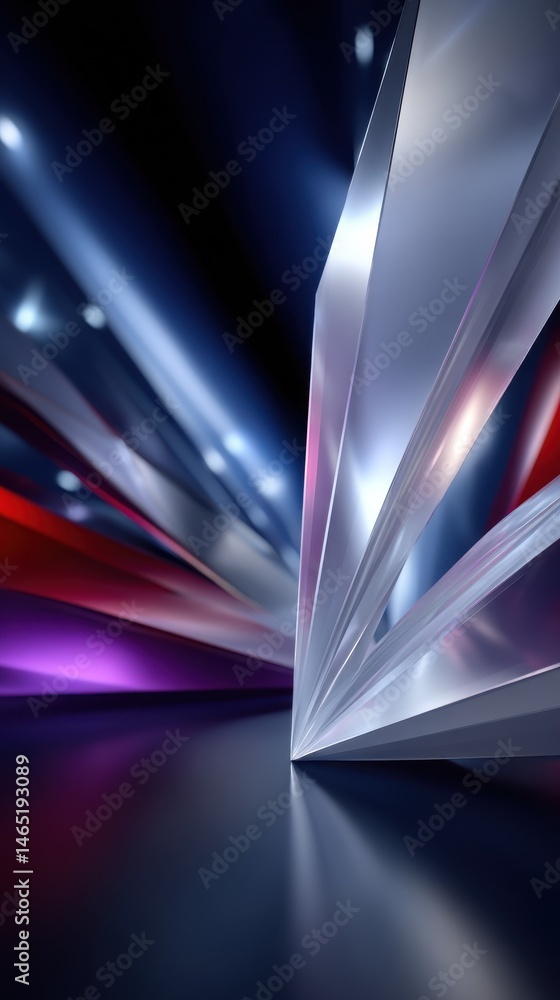 Poster futuristic abstract design with geometric shapes and vibrant light rays against a dark background wi