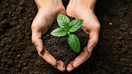 New life: Woman's hands carefully cradle a small green sprout emerging from fertile earth, representing growth and nature's resilience.