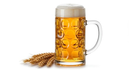 Golden Beer Stein with Wheat Stalks on a Clean White Background