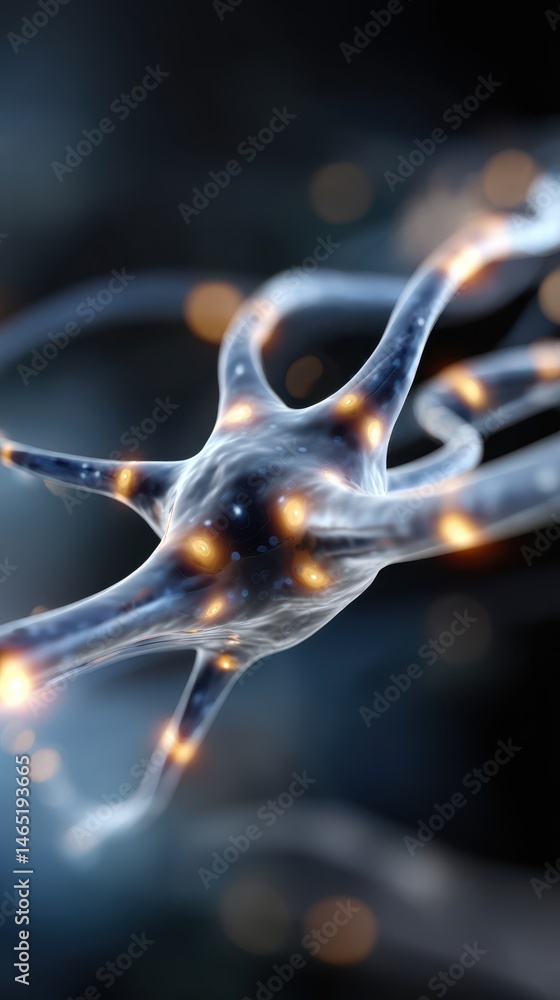 Poster depiction of neuron structure and neural network with synaptic connections transmitting signals