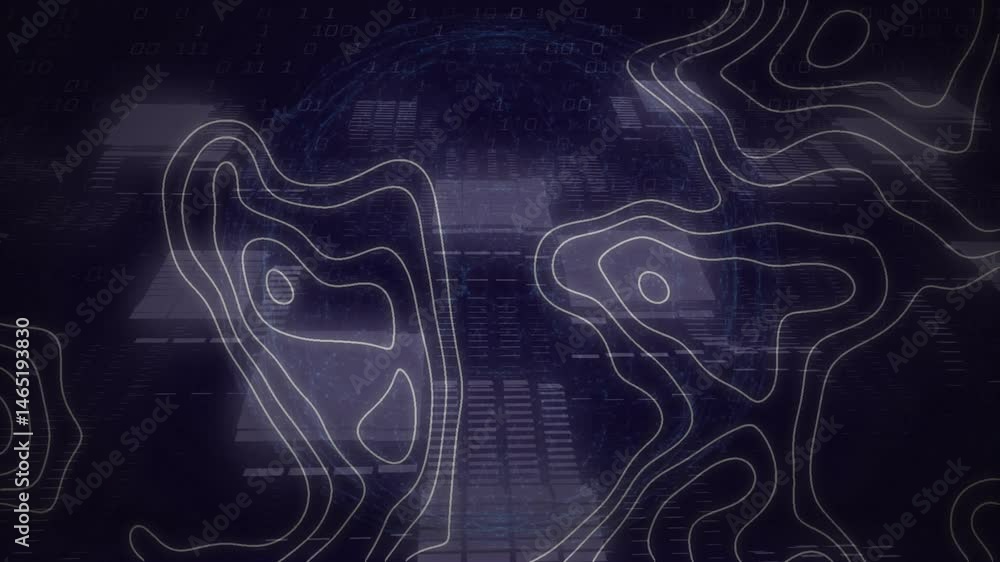 Poster topographic contour lines being animated over dark grid, with binary code and glowing nodes