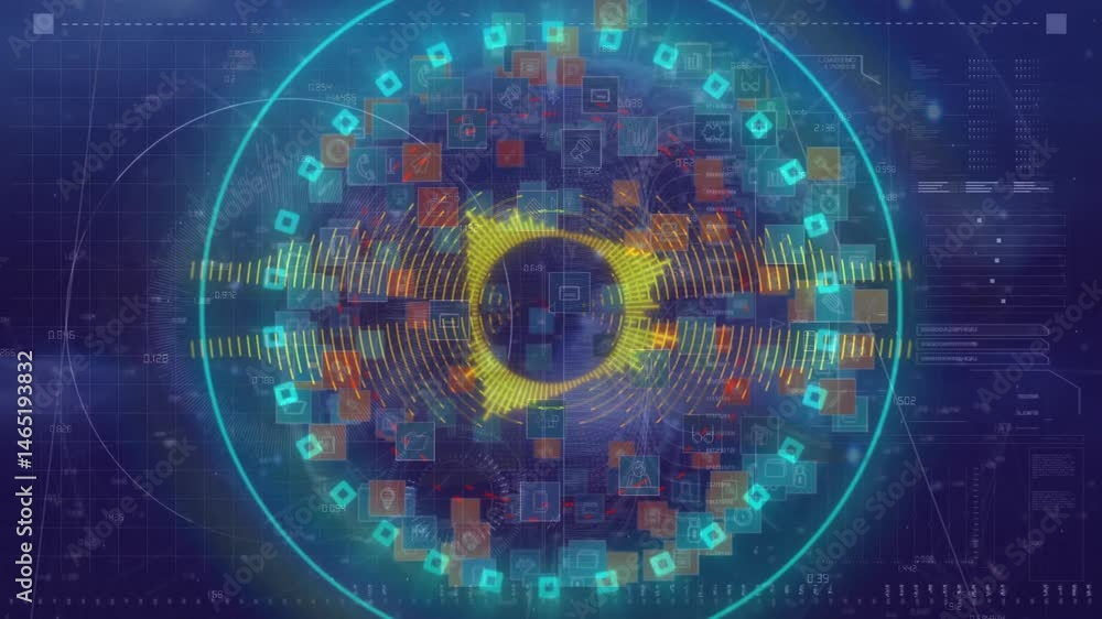 Poster high-tech hud showing concentric yellow bars and red dots, overlaid with data tiles and icons