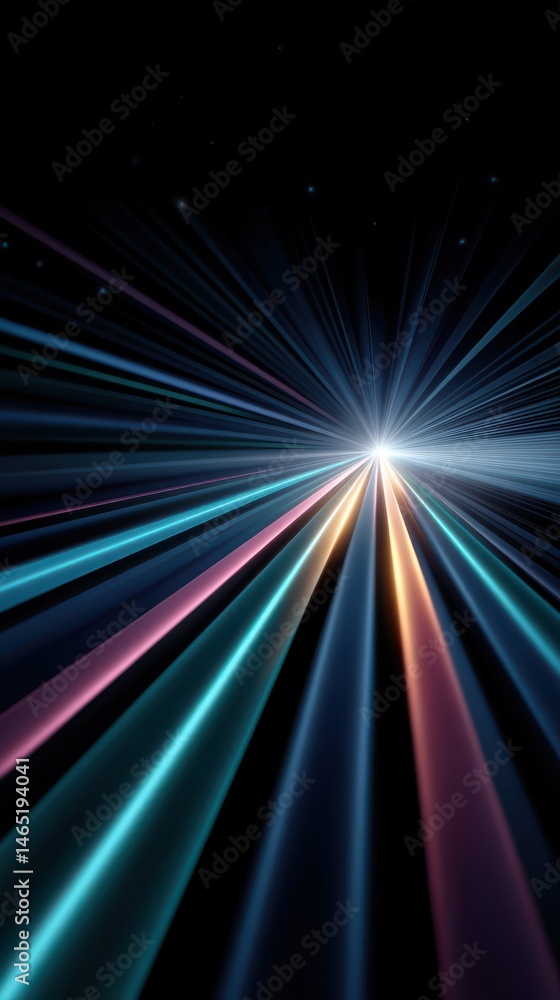 Poster abstract light trails diverging from a bright point source with streaks of vibrant hues, creating a 