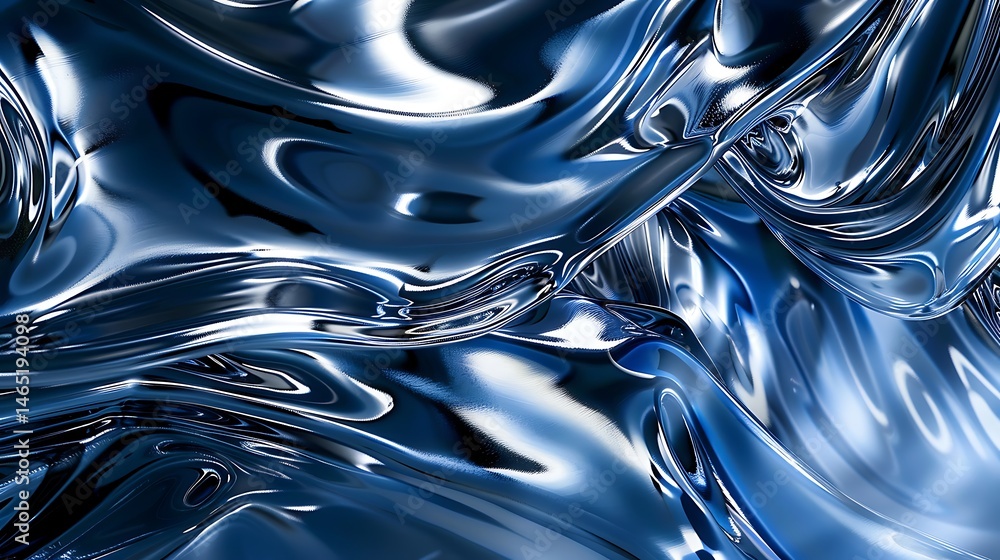 Poster abstract background of flowing blue liquid metal. smooth, shiny metallic waves create a futuristic a