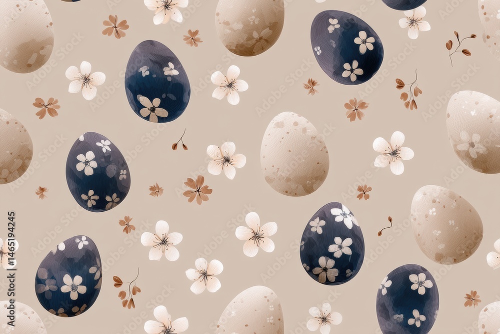 Poster colorful pattern featuring eggs and delicate flowers on a beige backdrop for springtime decor and fe
