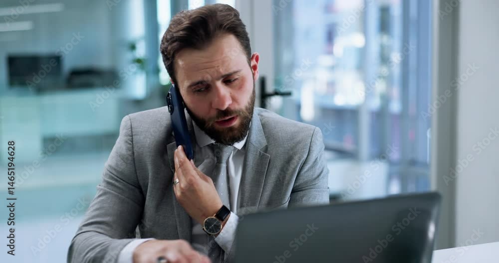 Poster business, man and reading on laptop with phone call for discussion, schedule update and finance repo