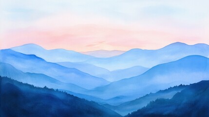 Obraz premium Serene watercolor mountains at sunrise: misty blue and pink landscape