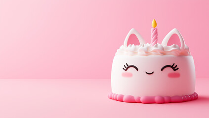 Cute pink birthday cake with a smiling face and a lit candle on top.