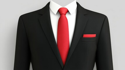 Sophisticated business attire featuring a stylish black suit and a striking red tie, ideal for corporate or formal presentation.