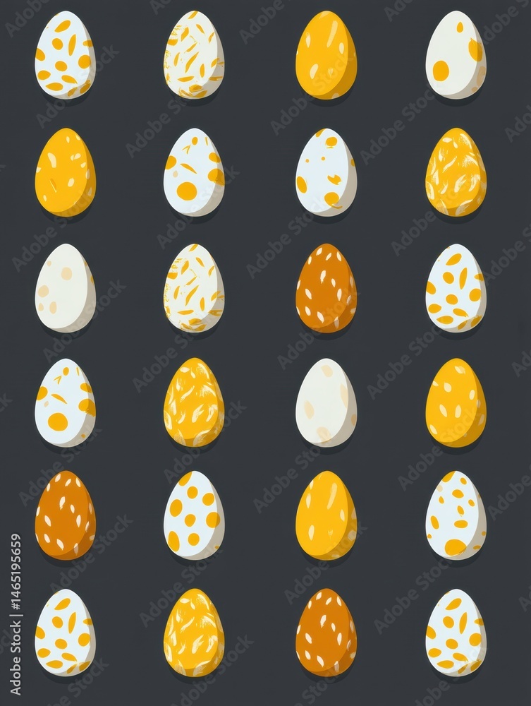 Poster Colorful Symmetrical Flat Pattern of Small Egg Icons on a Dark Background Featuring Various Designs and Colors Generative AI