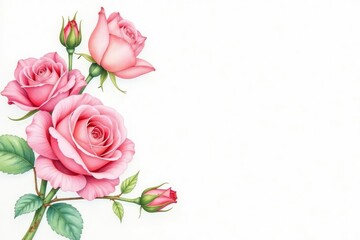 Delicate watercolor roses in soft pastel hues on a white background , botanical, bloom