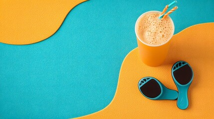 Summer Beach Party Flatlay: Orange and Blue Glitter Sand with Flip-Flops and Drink