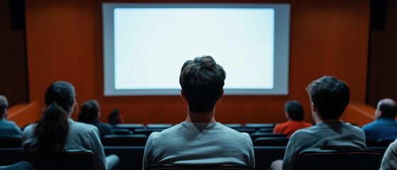 Students watching blank projector screen in university lecture hall