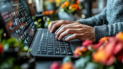Person working on laptop amidst flowers. - Powered by Adobe
