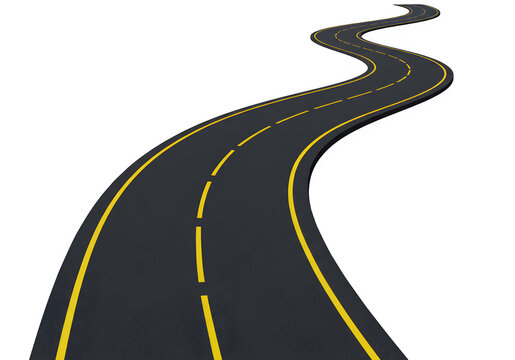 A winding black road with dashed yellow centerlines and white edge markings, symbolizing direction and journey, isolated on white or transparent background. PNG