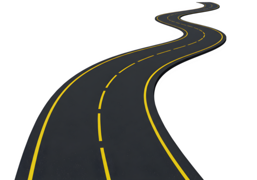 A winding black road with dashed yellow centerlines and white edge markings, symbolizing direction and journey, isolated on white or transparent background. PNG - Powered by Adobe