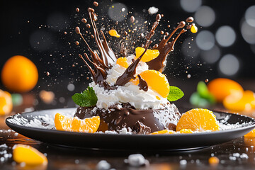Chocolate syrup erupts in vibrant orange trails, combining dark and bright colors in a dynamic explosion of syrupy goodness, creating a stunning visual contrast of splashes