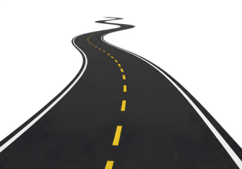 A winding black road with dashed yellow centerlines and white edge markings, symbolizing direction and journey, isolated on white or transparent background. PNG