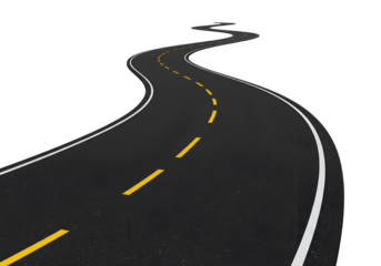 A winding black road with dashed yellow centerlines and white edge markings, symbolizing direction and journey, isolated on white or transparent background. PNG