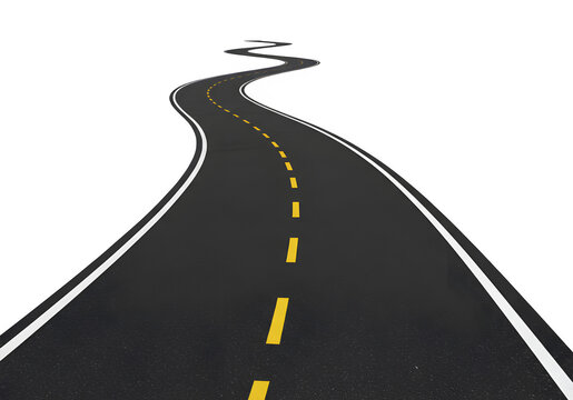 A winding black road with dashed yellow centerlines and white edge markings, symbolizing direction and journey, isolated on white or transparent background. PNG