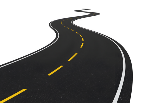 A winding black road with dashed yellow centerlines and white edge markings, symbolizing direction and journey, isolated on white or transparent background. PNG