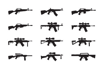 Assortment of Assault Rifle Silhouettes: A collection of twelve distinct assault rifle silhouettes, ranging from simple to intricate designs.