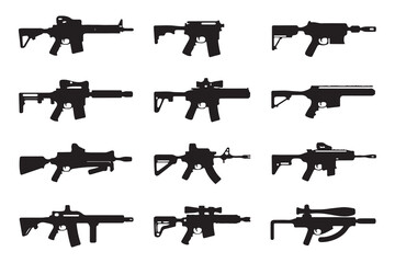 Array of Weapons: A series of tactical weaponry, meticulously illustrated in stark silhouette, offering a detailed view of modern and historic firearms.