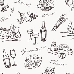 Wine wrapping paper design, charcuterie seamless pattern, line art hand drawn illustration