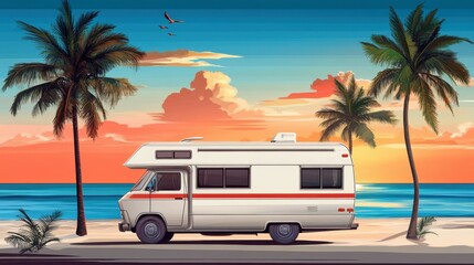 Retro Camper Van by the Beach under Palm Trees