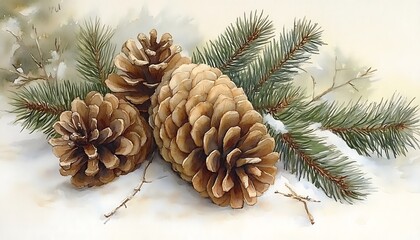 Winter scene with pine cones and branches.