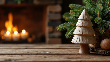 Wooden Christmas tree decor adds charm to cozy fireplace setting during winter holiday season