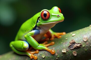 Naklejka premium Green tree frog perched on white, vibrant skin, pure, amphibian, macro