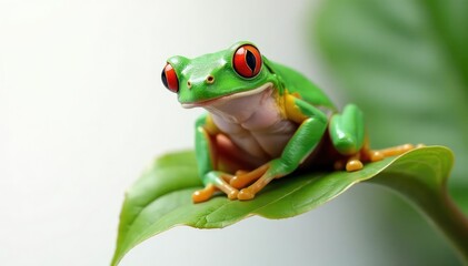 Obraz premium Green tree frog perched on white, vibrant skin, tropical, macro, wildlife