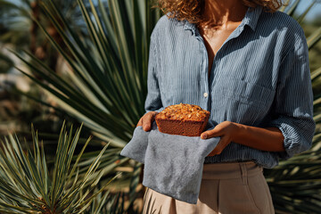 Close-up of homemade bread or cake in hands, held by woman in casual clothing, presented on fabric napkin in natural setting, concept for natural organic product