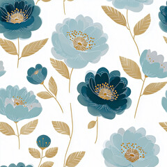 Seamless pattern of stylized blue and gold flowers and leaves on a white background, ideal for textiles, wallpaper, packaging, and various decorative design applications