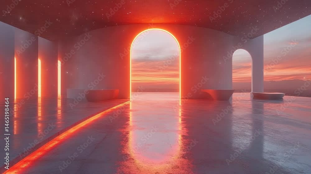 Poster sunset view through arched structures.