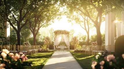 A luxurious wedding venue in a blooming garden, sunlight filtering through trees