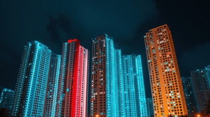Obraz premium Vibrant Night Cityscape with Colorful High-Rise Buildings Illuminated