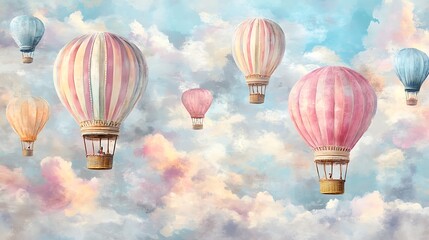 Colorful hot air balloons ascending in sky with cloudscape