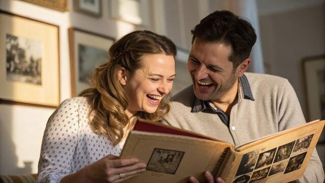 Couple sharing levity and laughter living room photo album cozy atmosphere intimate perspective