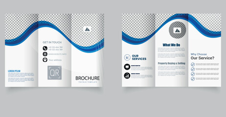 Modern Corporate Trifold Brochure Template with Blue Wave Design. Professional and clean trifold brochure template featuring a dynamic blue wave design, ideal for corporate services marketing agencies