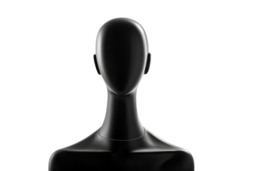 Front view of sleek black mannequin with smooth surface isolated on transparent background