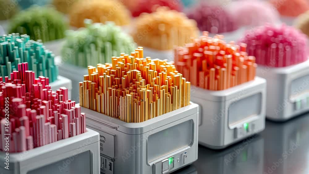 Poster Close-up of colorful data visualization blocks arranged in white modular containers, representing abstract technological or data processing concepts