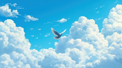 Peaceful dove soaring amidst fluffy clouds in a clear blue sky