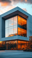 Modern concrete office building exterior with clean lines and minimalist design. Symbolizes strength, structure, and contemporary architecture in an urban vertical perspective with sleek geometry.

