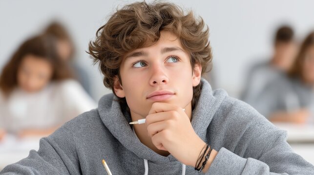 Lost in thought, a young student gazes upwards, pondering a difficult question in a bright classroom, capturing the essence of youthful contemplation and academic challenge.